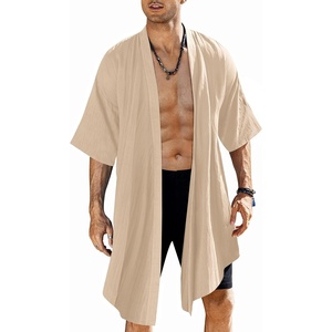 COOFANDY Men’s Long Shawl Collar Linen Cardigan Lightweight Kimono Robe | Open Front Drape Cape Kaftan, Summer Beach Pool Cover Up, Burning Man Rave Festival Outfits, Cardigan Jackets(Beige)
