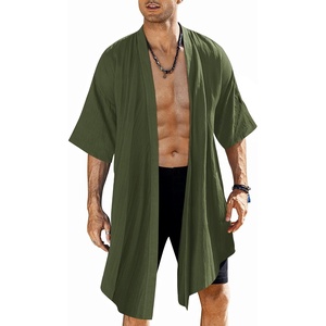 COOFANDY Men’s Long Shawl Collar Linen Cardigan Lightweight Kimono Robe | Open Front Drape Cape Kaftan, Summer Beach Pool Cover Up, Burning Man Rave Festival Outfits, Cardigan Jackets(Army Green)
