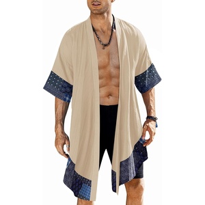 COOFANDY Men’s Long Shawl Collar Linen Cardigan Lightweight Kimono Robe | Open Front Drape Cape Kaftan, Summer Beach Pool Cover Up, Burning Man Rave Festival Outfits, Cardigan Jackets(Khaki)