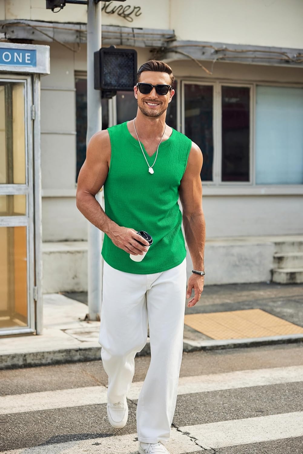 image:imageCOOFANDY Mens Casual Tank Tops Knit V Neck Sleeveless T Shirts 2 Pack Summer Beach Lightweight Muscle TeeIce Green