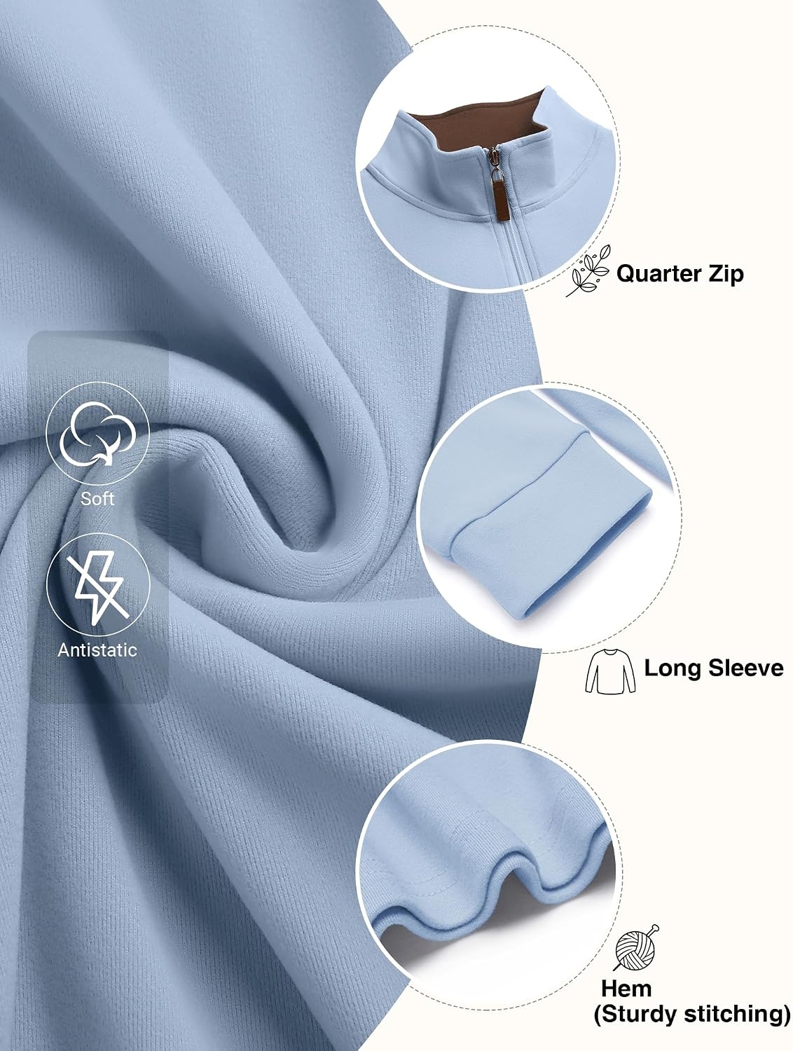 image:imageCOOFANDY Mens Fleece Quarter Zip Pullover Long Sleeve Mock Neck SweatshirtA Light Blue