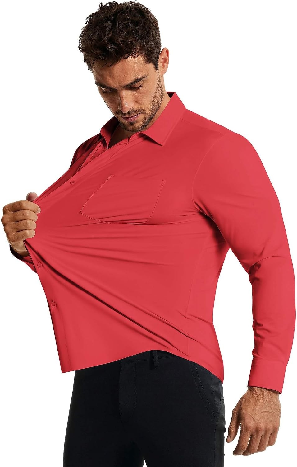 image:imageCOOFANDY Mens Muscle Fit Dress Shirts Casual Button Down Long Sleeve 4Way Stretch Wrinkle Free Slim Fit Lightweight Breathable Move Freely Bussiness Casual Soft and SkinFriendlyRed