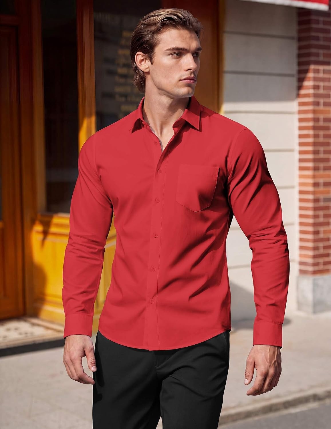 image:imageCOOFANDY Mens Muscle Fit Dress Shirts Casual Button Down Long Sleeve 4Way Stretch Wrinkle Free Slim Fit Lightweight Breathable Move Freely Bussiness Casual Soft and SkinFriendlyRed