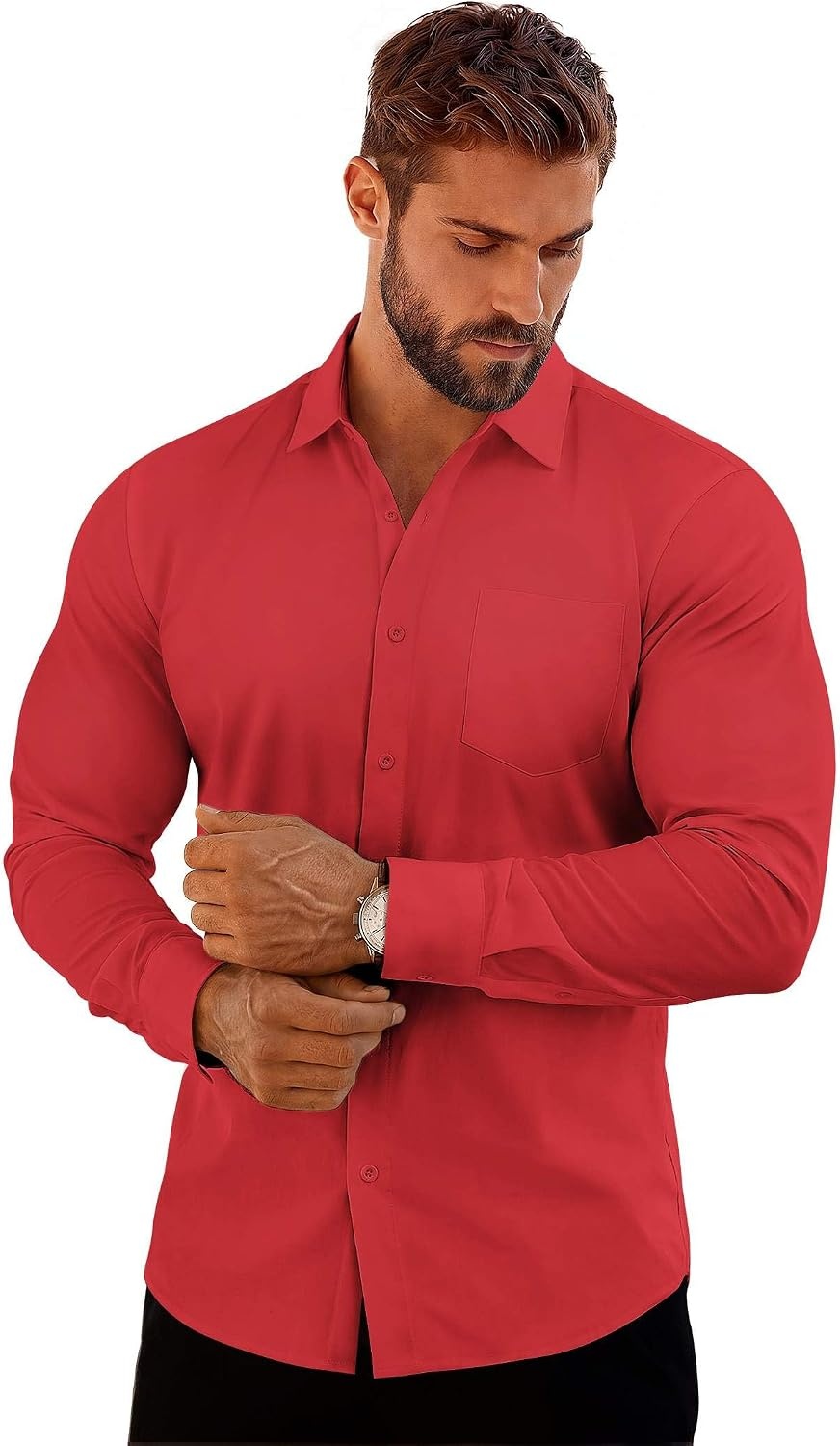 image:imageCOOFANDY Mens Muscle Fit Dress Shirts Casual Button Down Long Sleeve 4Way Stretch Wrinkle Free Slim Fit Lightweight Breathable Move Freely Bussiness Casual Soft and SkinFriendlyRed