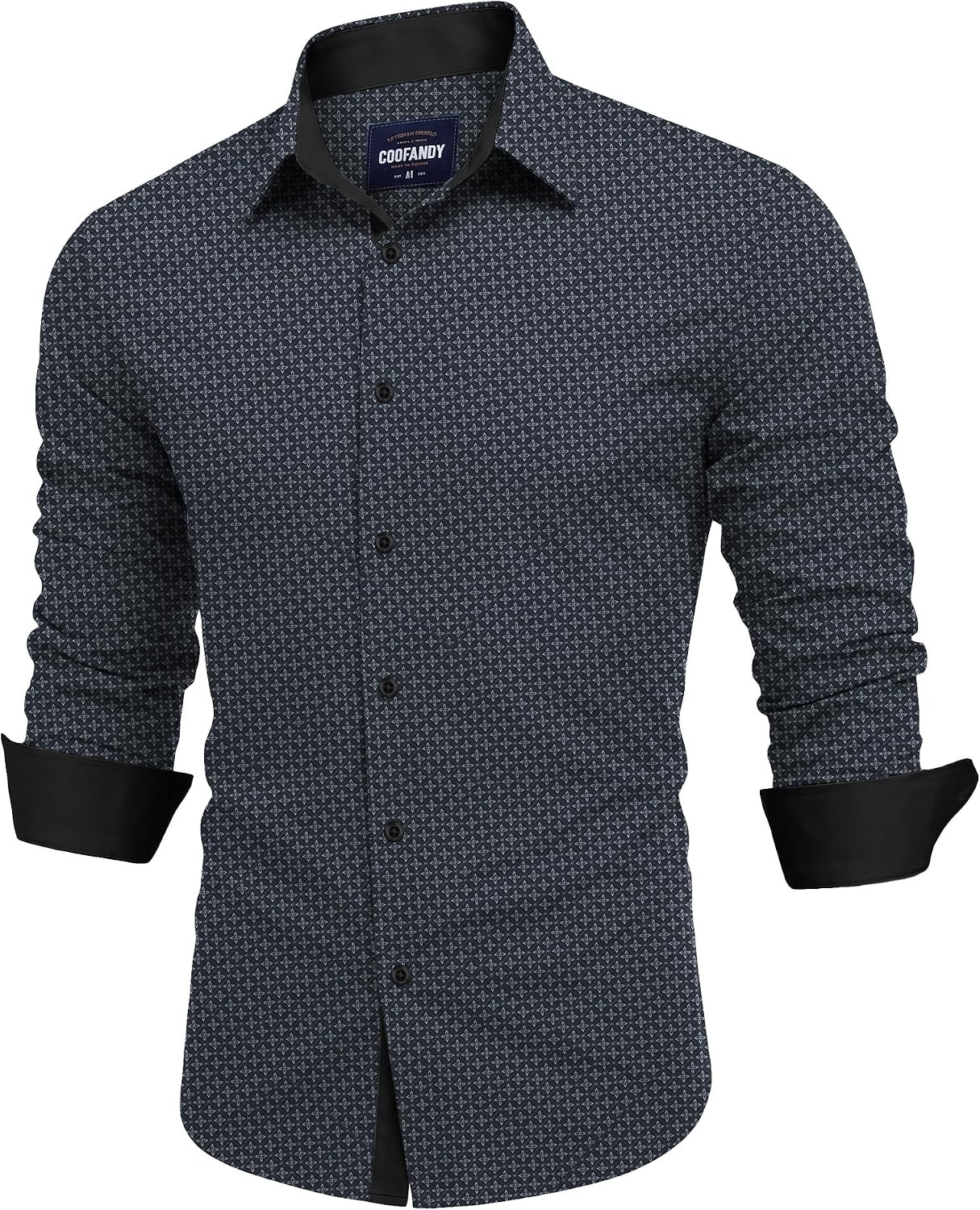 image:imageCOOFANDY Mens Printed Dress Shirts Long Sleeve Business Button Down Shirt Contrast Collar Shirts for Men2black Whiterhombus