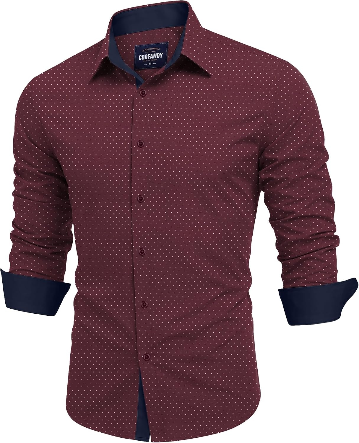 image:imageCOOFANDY Mens Printed Dress Shirts Long Sleeve Business Button Down Shirt Contrast Collar Shirts for Men3wine Redpolka Dots