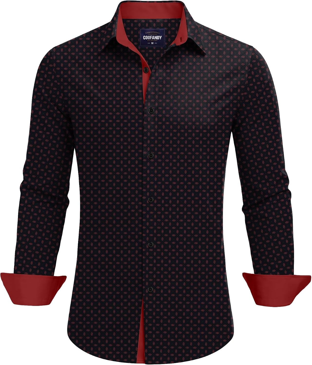 image:imageCOOFANDY Mens Printed Dress Shirts Long Sleeve Business Button Down Shirt Contrast Collar Shirts for MenBlack Reddouble Rings