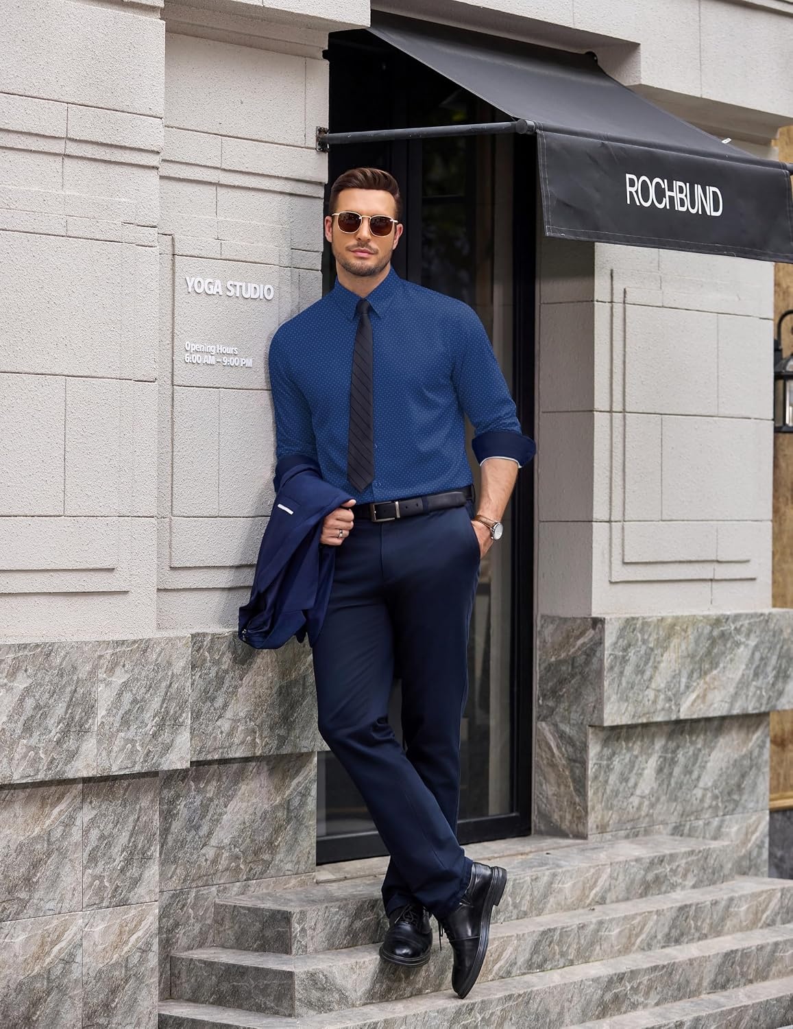 image:imageCOOFANDY Mens Printed Dress Shirts Long Sleeve Business Button Down Shirt Contrast Collar Shirts for MenDark Bluestars