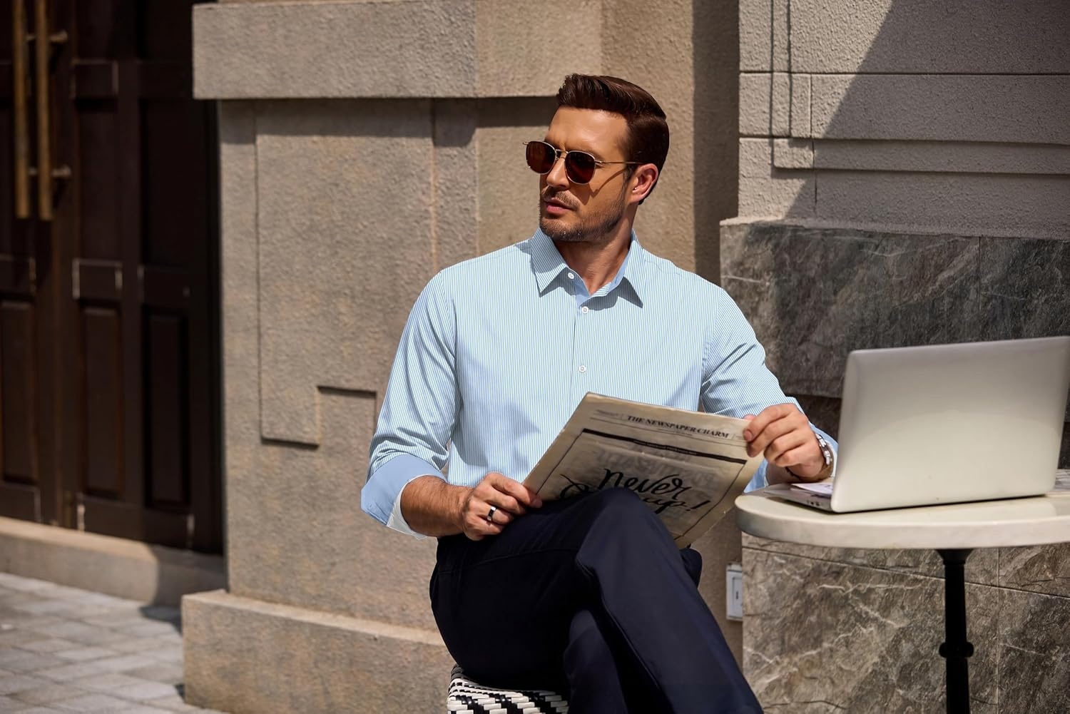 image:imageCOOFANDY Mens Printed Dress Shirts Long Sleeve Business Button Down Shirt Contrast Collar Shirts for MenLight Blue Whitestripes