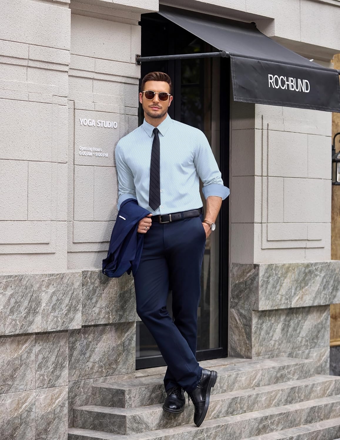 image:imageCOOFANDY Mens Printed Dress Shirts Long Sleeve Business Button Down Shirt Contrast Collar Shirts for MenLight Blue Whitestripes