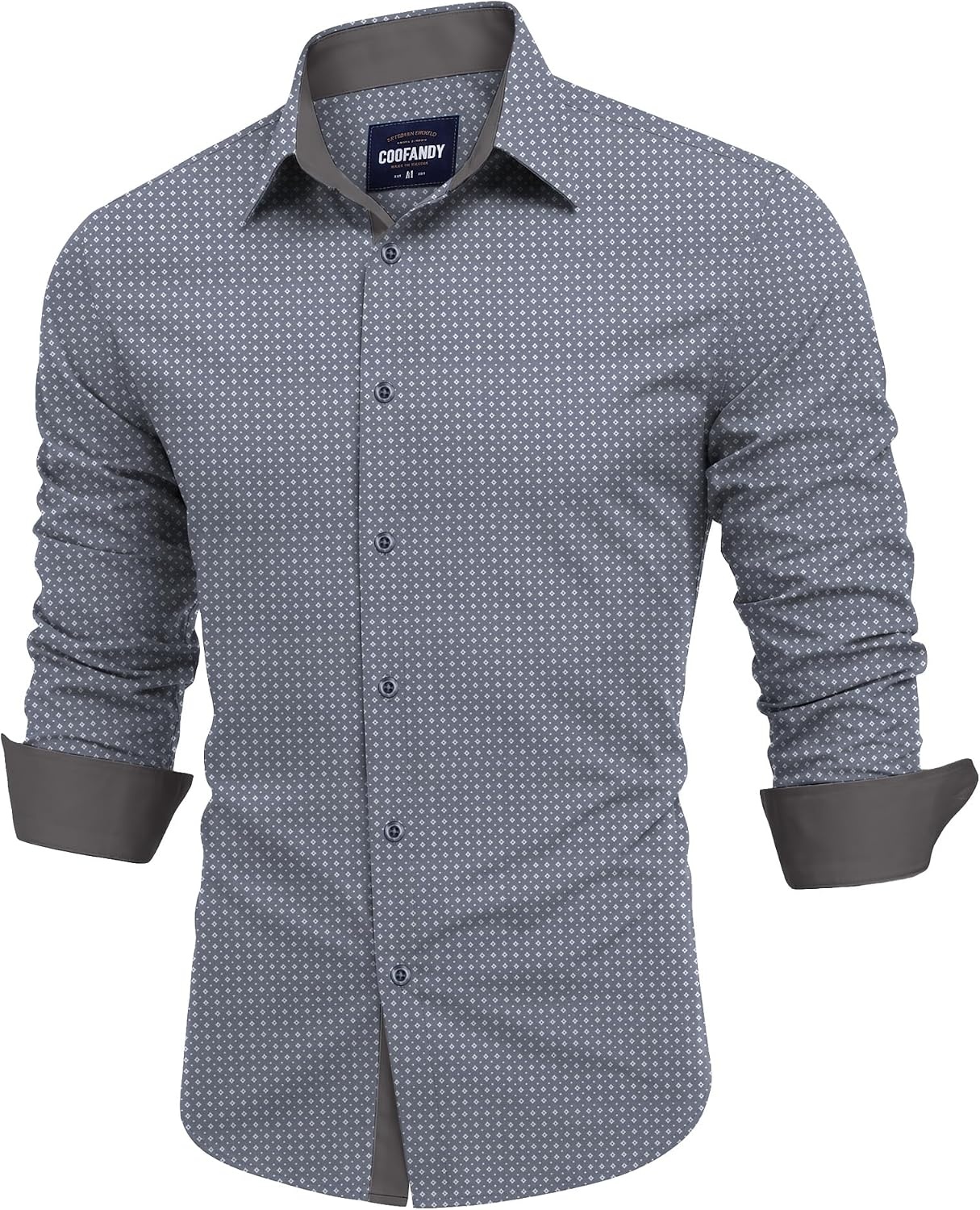 image:imageCOOFANDY Mens Printed Dress Shirts Long Sleeve Business Button Down Shirt Contrast Collar Shirts for MenLight Grayrhombus