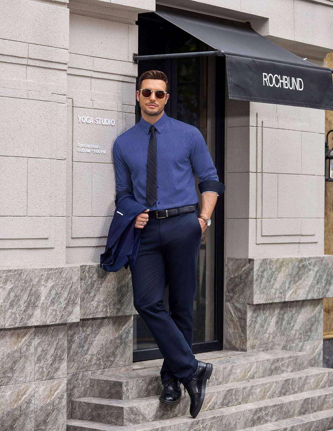 image:imageCOOFANDY Mens Printed Dress Shirts Long Sleeve Business Button Down Shirt Contrast Collar Shirts for MenNavy Bluewindmills