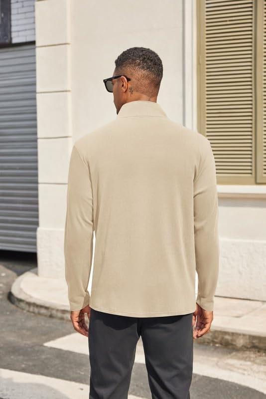 image:imageCOOFANDY Mens Quarter Zip Pullover Sweater Mock Neck Sweatshirt Casual Polo 14 zip pullover Lightweight Warm Without Bulk Comfortable Durability Fabric Mock Neck Polo SweaterLight Khaki