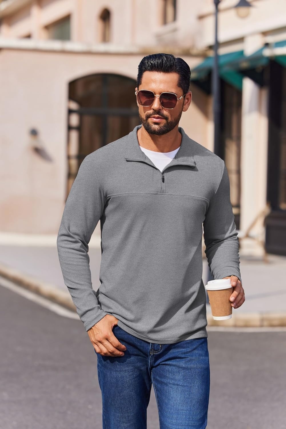 image:imageCOOFANDY Mens Quarter Zip Pullover Sweater Mock Neck Sweatshirt Casual Polo 14 zip pullover Lightweight Warm Without Bulk Comfortable Durability Fabric Mock Neck Polo SweaterLight Grey