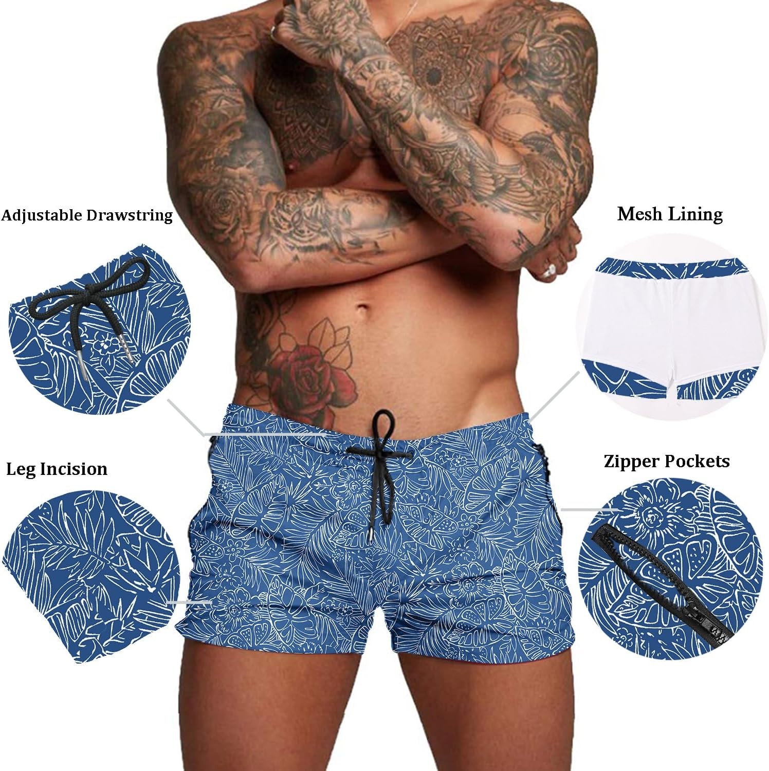 image:imageCOOFANDY Mens Swim Trunk Quick Dry Swimwear Mesh Lining Bathing Suit Two Zippered Pockets Drawstring Swim Shorts for Beach Vacation Party Cruise and Daily Casual WearLight Blue Leaves