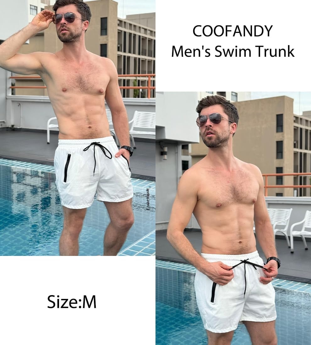 image:imageCOOFANDY Mens Swim Trunk Quick Dry Swimwear Mesh Lining Bathing Suit Two Zippered Pockets Drawstring Swim Shorts for Beach Vacation Party Cruise and Daily Casual WearWhite