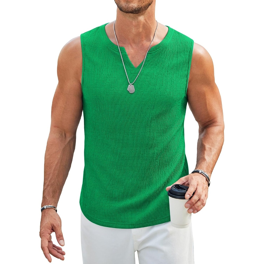 image:imageCOOFANDY Mens Casual Tank Tops Knit V Neck Sleeveless T Shirts 2 Pack Summer Beach Lightweight Muscle TeeIce Green