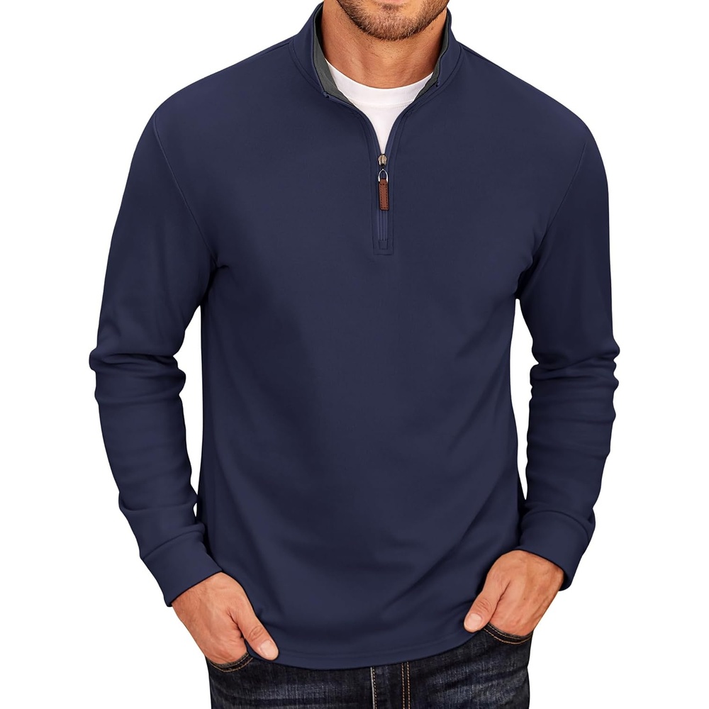 image:imageCOOFANDY Mens Fleece Quarter Zip Pullover Long Sleeve Mock Neck SweatshirtB Navy Blue