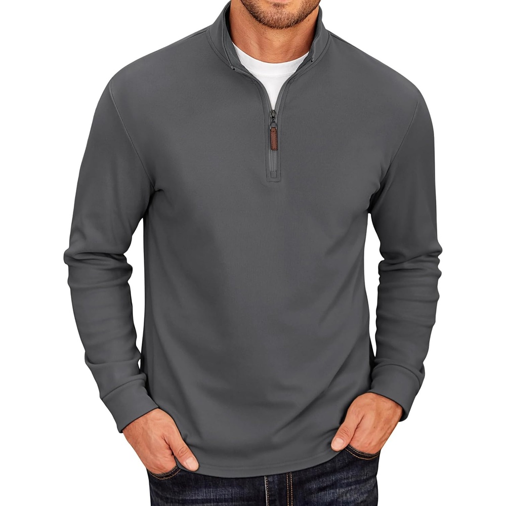 image:imageCOOFANDY Mens Fleece Quarter Zip Pullover Long Sleeve Mock Neck SweatshirtSolid Dark Grey