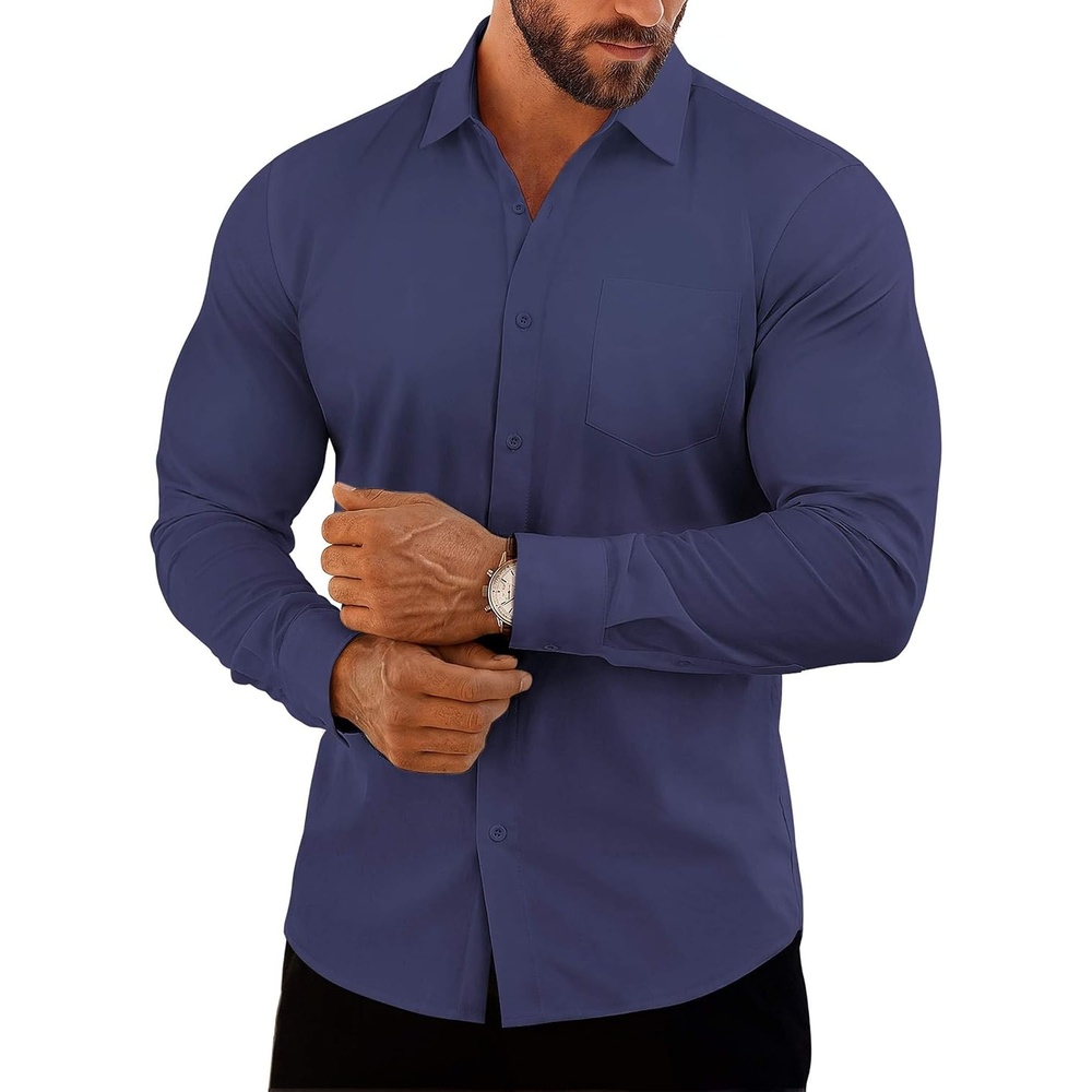 image:imageCOOFANDY Mens Muscle Fit Dress Shirts Casual Button Down Long Sleeve  4Way Stretch Wrinkle Free Slim Fit Lightweight Breathable Move Freely Bussiness Casual Soft and SkinFriendlyNavy Blue