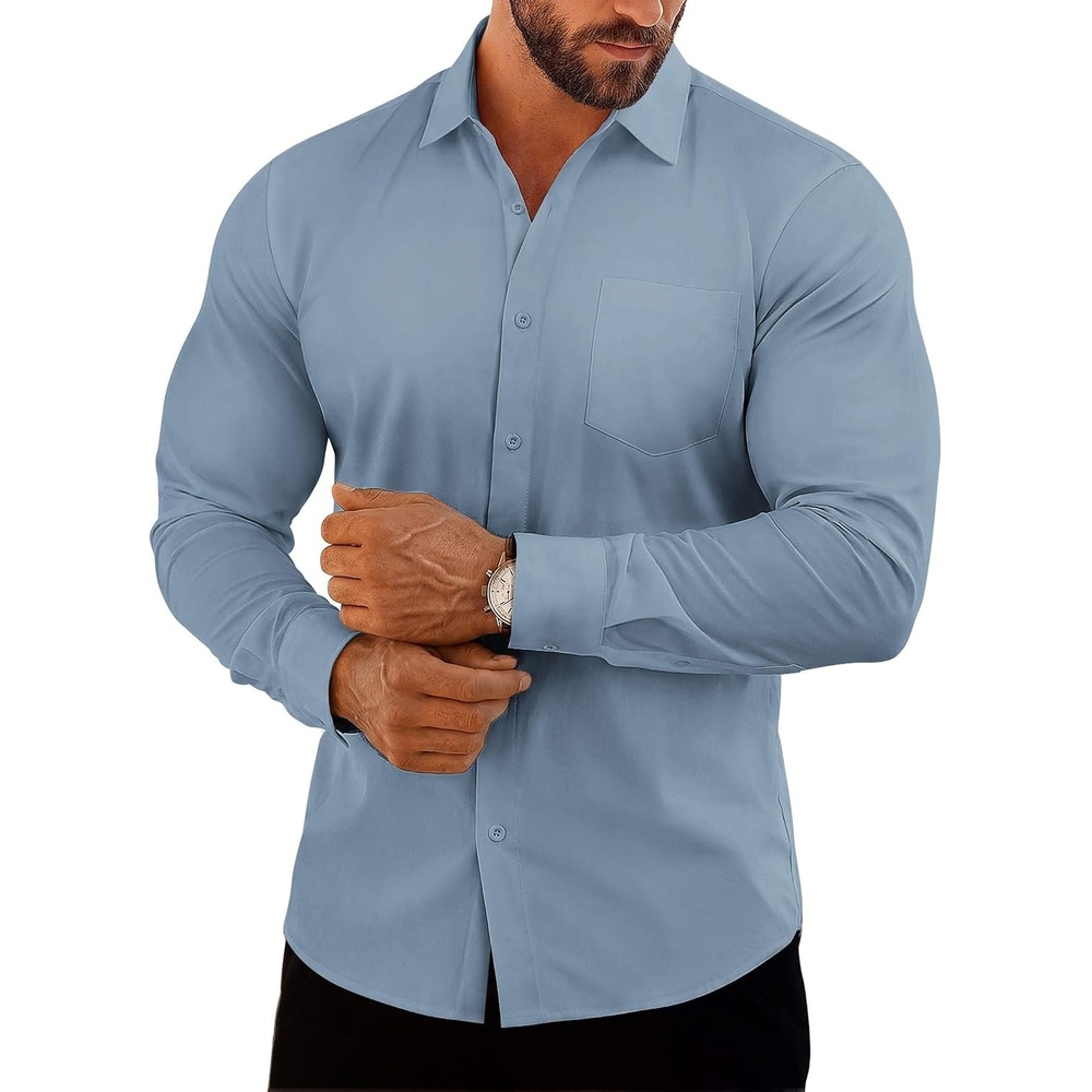 image:imageCOOFANDY Mens Muscle Fit Dress Shirts Casual Button Down Long Sleeve  4Way Stretch Wrinkle Free Slim Fit Lightweight Breathable Move Freely Bussiness Casual Soft and SkinFriendlyHaze Blue