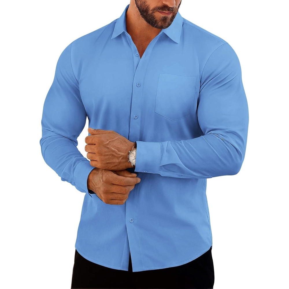 image:imageCOOFANDY Mens Muscle Fit Dress Shirts Casual Button Down Long Sleeve  4Way Stretch Wrinkle Free Slim Fit Lightweight Breathable Move Freely Bussiness Casual Soft and SkinFriendlyLight Blue
