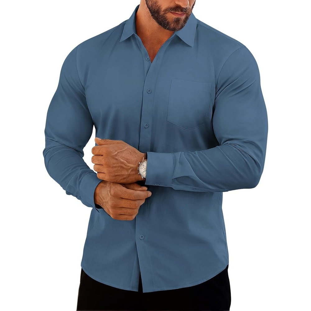 image:imageCOOFANDY Mens Muscle Fit Dress Shirts Casual Button Down Long Sleeve  4Way Stretch Wrinkle Free Slim Fit Lightweight Breathable Move Freely Bussiness Casual Soft and SkinFriendlyDark Blue