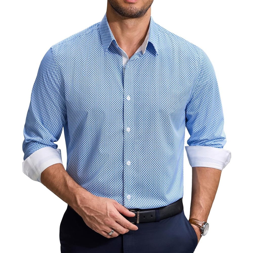 image:imageCOOFANDY Mens Printed Dress Shirts Long Sleeve Business Button Down Shirt Contrast Collar Shirts for Men1light Bluerhombus