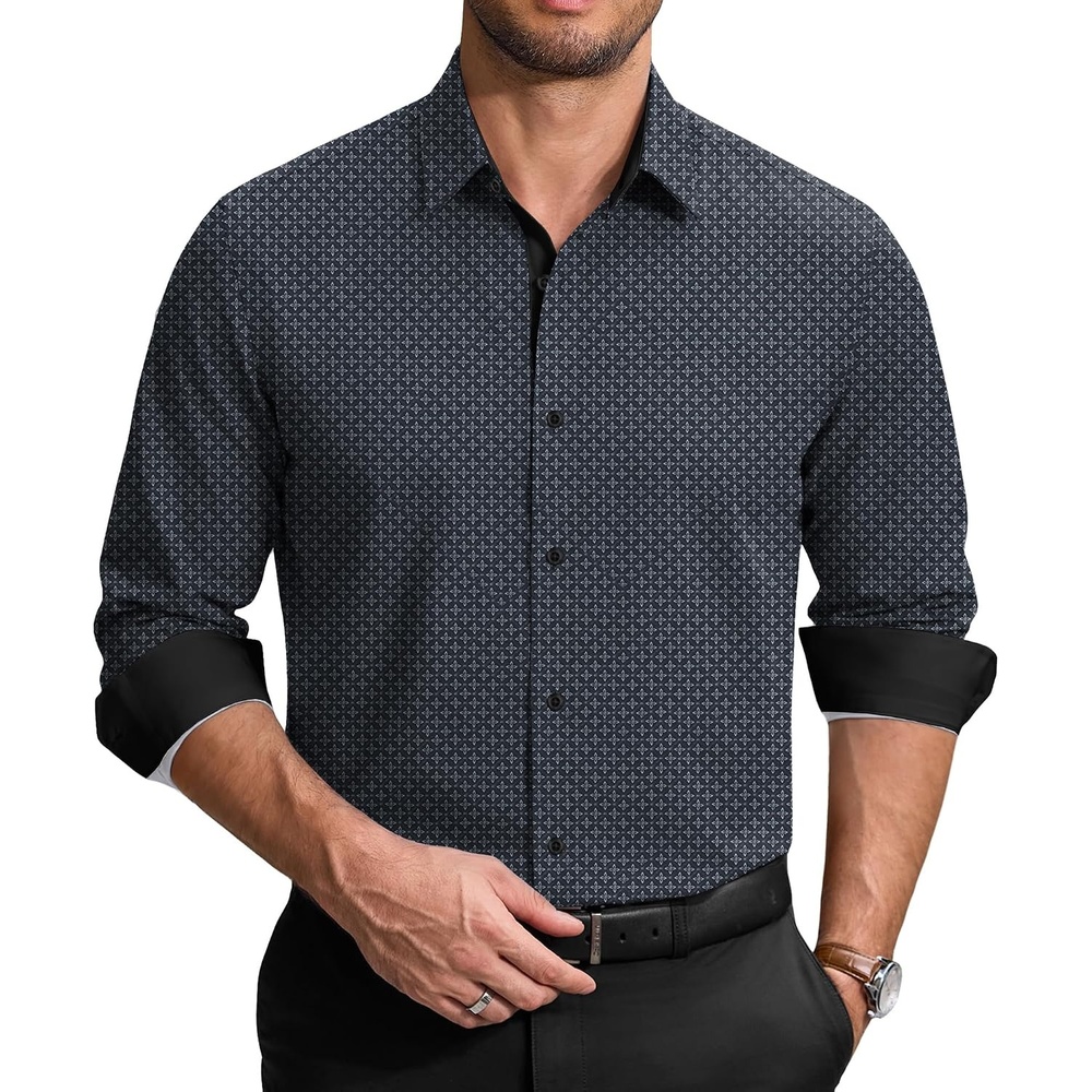 image:imageCOOFANDY Mens Printed Dress Shirts Long Sleeve Business Button Down Shirt Contrast Collar Shirts for Men2black Whiterhombus