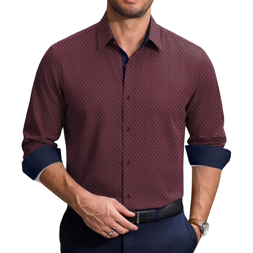 image:imageCOOFANDY Mens Printed Dress Shirts Long Sleeve Business Button Down Shirt Contrast Collar Shirts for Men3wine Redpolka Dots
