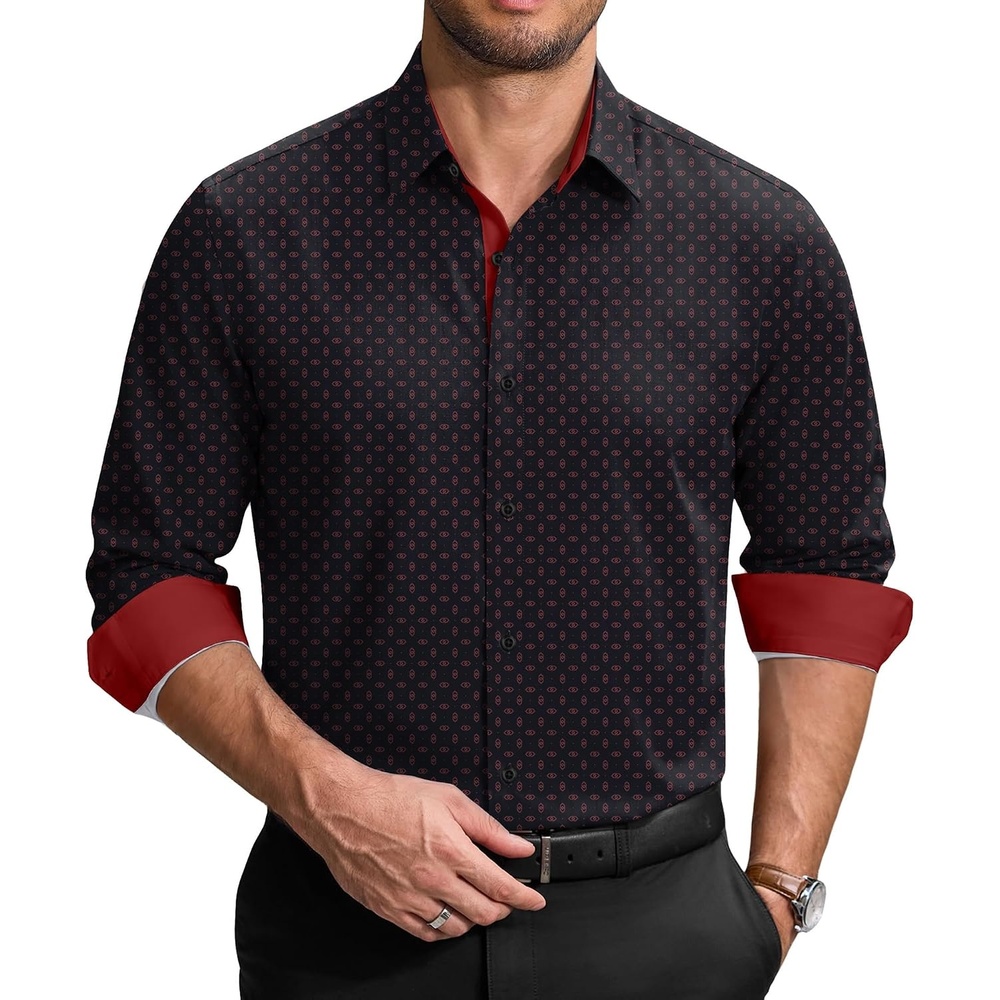 image:imageCOOFANDY Mens Printed Dress Shirts Long Sleeve Business Button Down Shirt Contrast Collar Shirts for MenBlack Reddouble Rings