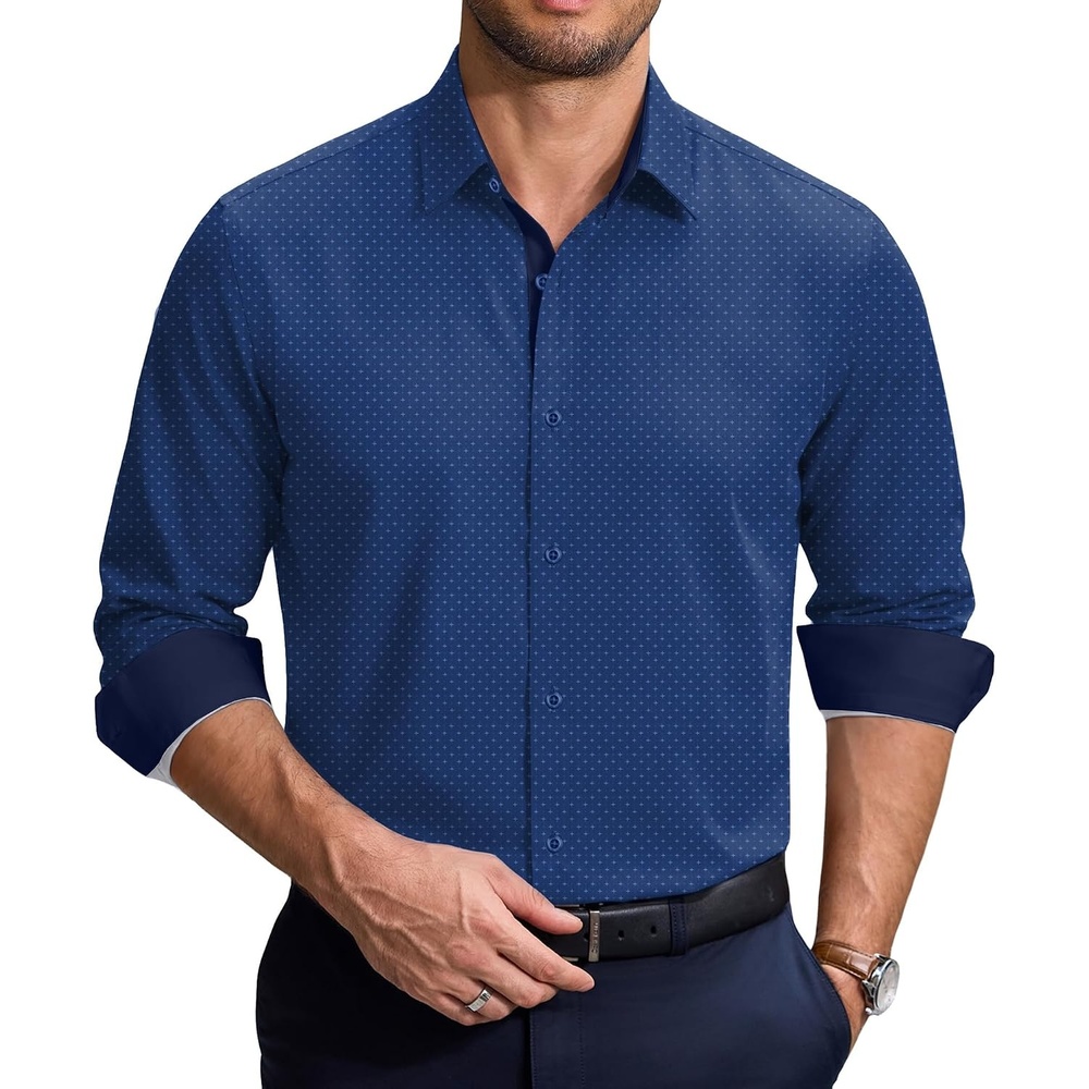 image:imageCOOFANDY Mens Printed Dress Shirts Long Sleeve Business Button Down Shirt Contrast Collar Shirts for MenDark Bluestars