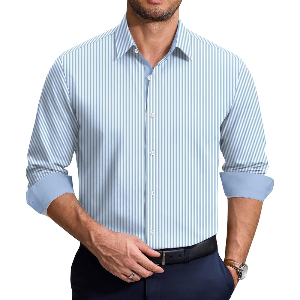 image:imageCOOFANDY Mens Printed Dress Shirts Long Sleeve Business Button Down Shirt Contrast Collar Shirts for MenLight Blue Whitestripes