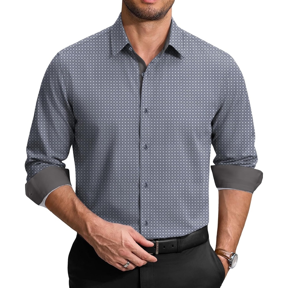 image:imageCOOFANDY Mens Printed Dress Shirts Long Sleeve Business Button Down Shirt Contrast Collar Shirts for MenLight Grayrhombus