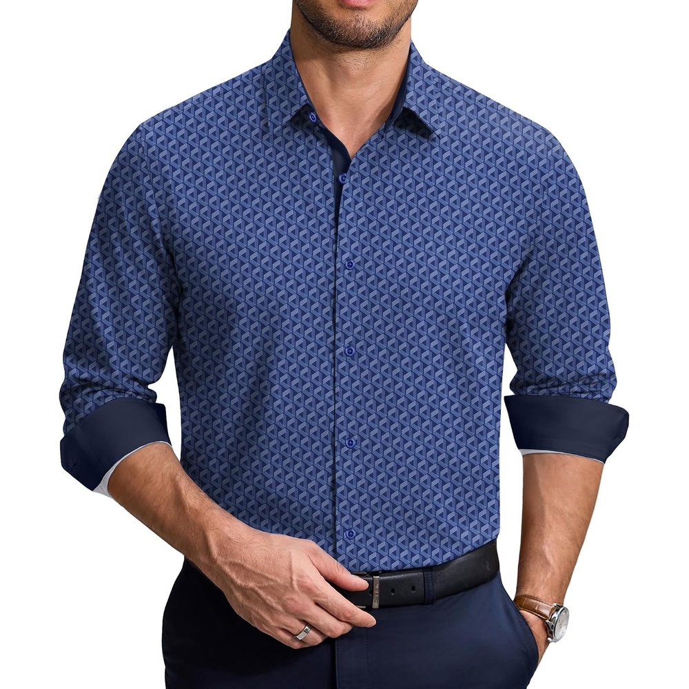 image:imageCOOFANDY Mens Printed Dress Shirts Long Sleeve Business Button Down Shirt Contrast Collar Shirts for MenNavy Bluetriangles