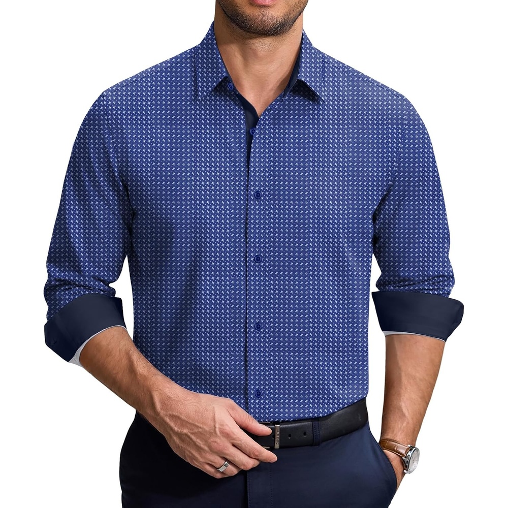 image:imageCOOFANDY Mens Printed Dress Shirts Long Sleeve Business Button Down Shirt Contrast Collar Shirts for MenNavy Bluewindmills