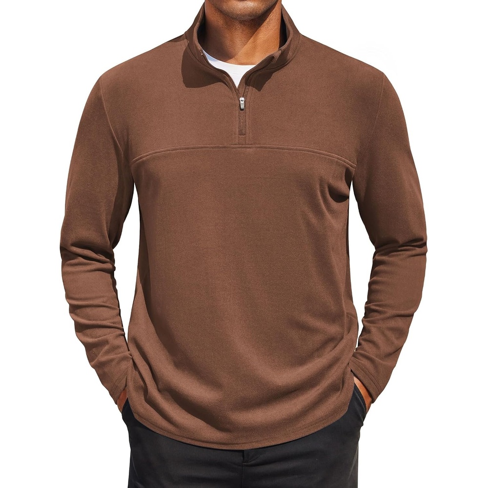 image:imageCOOFANDY Mens Quarter Zip Pullover Sweater Mock Neck Sweatshirt Casual Polo 14 zip pullover Lightweight Warm Without Bulk Comfortable Durability Fabric Mock Neck Polo SweaterBrown