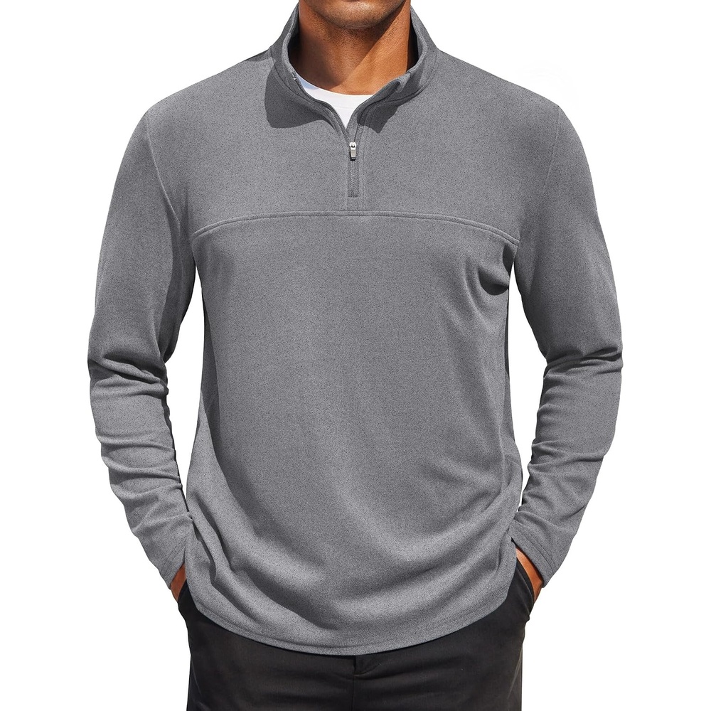 image:imageCOOFANDY Mens Quarter Zip Pullover Sweater Mock Neck Sweatshirt Casual Polo 14 zip pullover Lightweight Warm Without Bulk Comfortable Durability Fabric Mock Neck Polo SweaterLight Grey