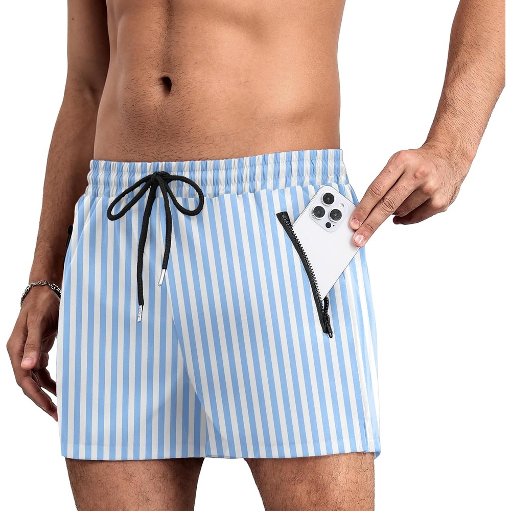 image:imageCOOFANDY Mens Swim Trunk Quick Dry Swimwear Mesh Lining Bathing Suit  Two Zippered Pockets Drawstring Swim Shorts for Beach Vacation Party Cruise and Daily Casual WearBlue White Stripe