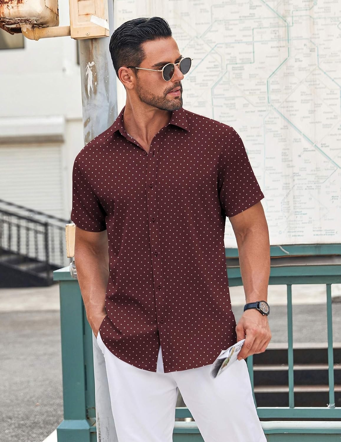 image:imageCOOFANDY Mens Button Down Shirt Short Sleeve Dress Shirt Casual Beach Summer Wedding ShirtWine Redpolka Dots