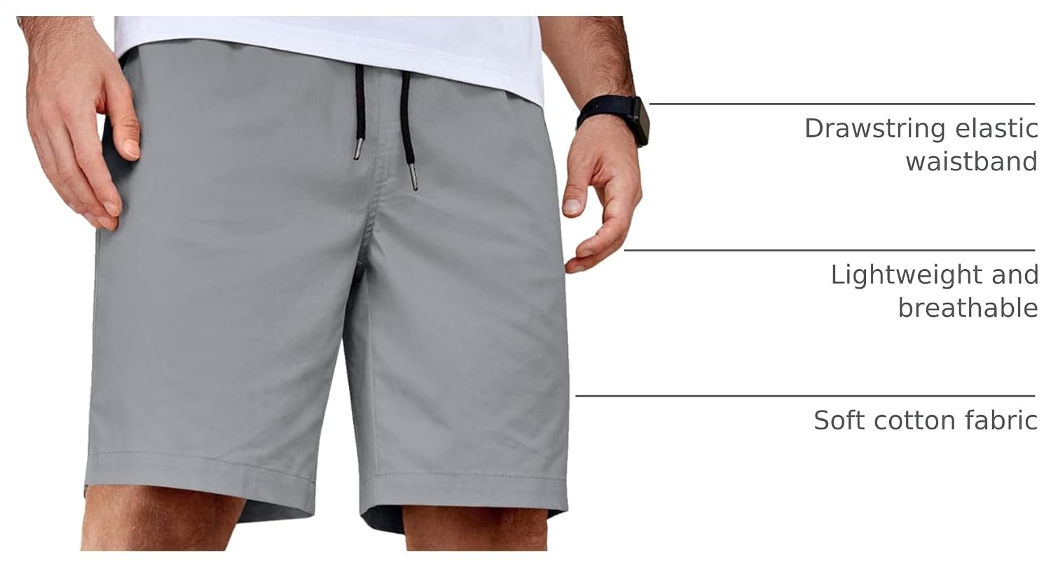 image:imageCOOFANDY Mens Casual Shorts Cotton Elastic Waist Drawstring Summer Shorts Stretch Waist Lightweight Soft Breathable Classic fit Vacation Beach ShortsGrey
