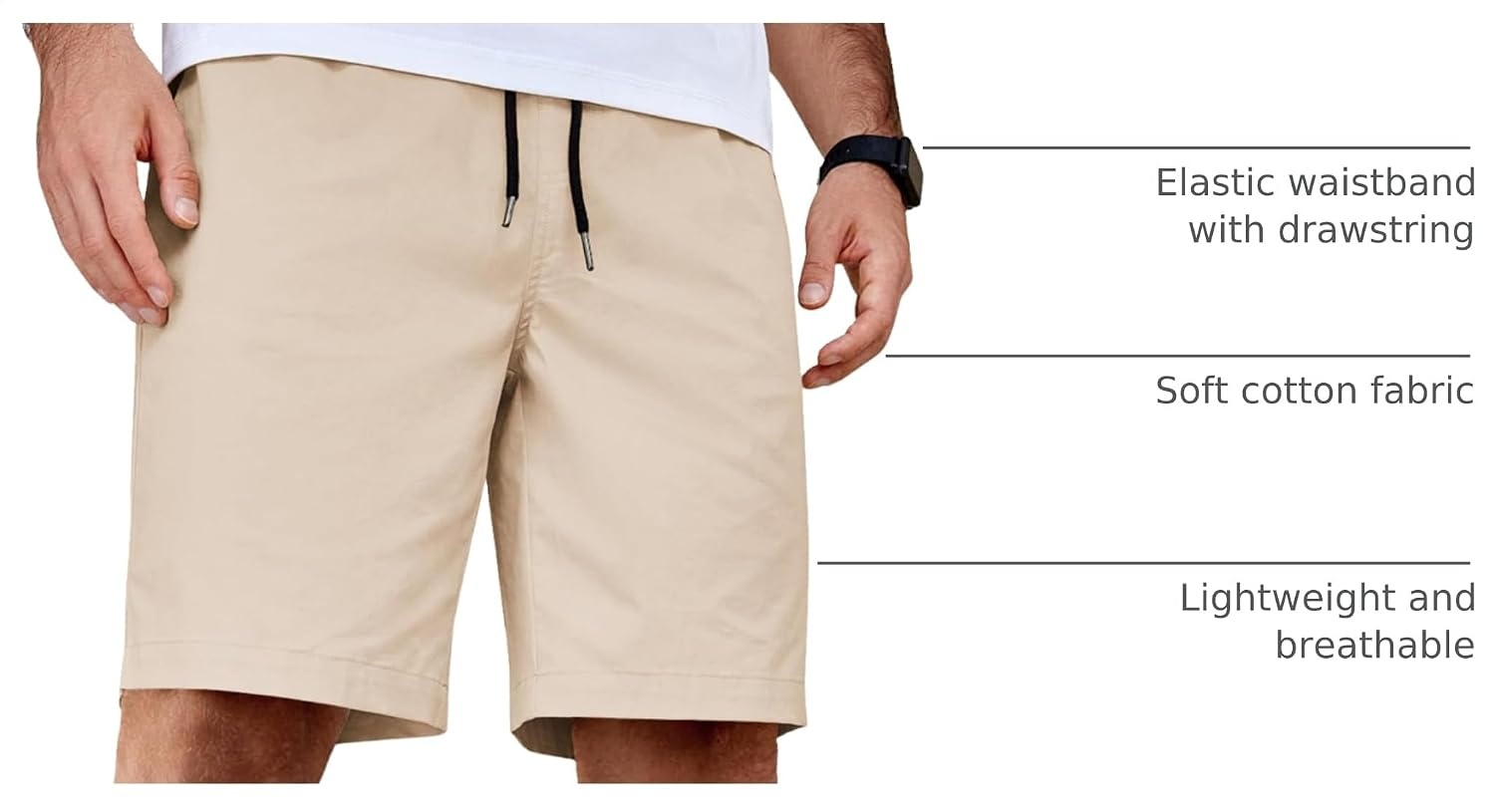 image:imageCOOFANDY Mens Casual Shorts Cotton Elastic Waist Drawstring Summer Shorts Stretch Waist Lightweight Soft Breathable Classic fit Vacation Beach ShortsBeige