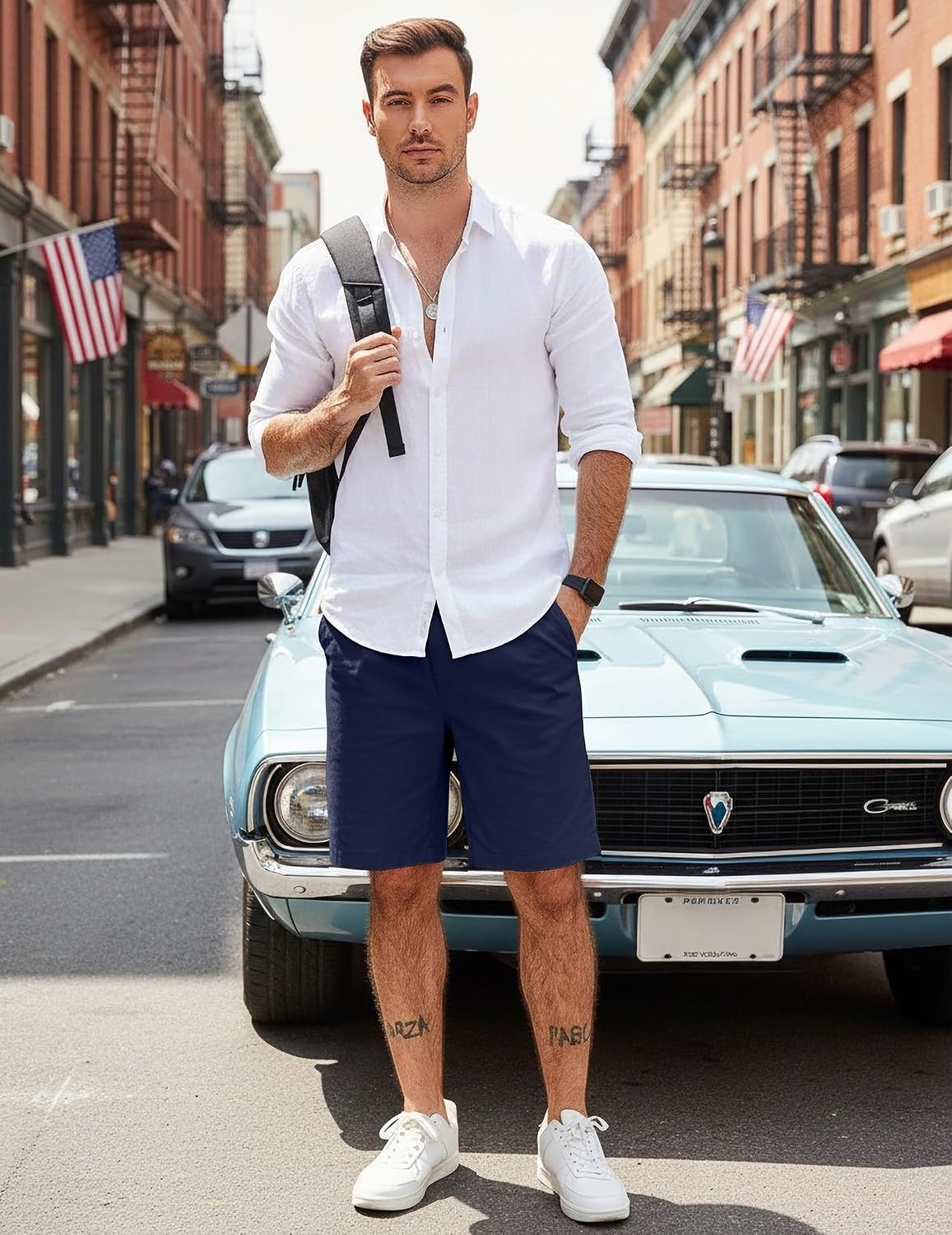 image:imageCOOFANDY Mens Casual Shorts Cotton Elastic Waist Drawstring Summer Shorts Stretch Waist Lightweight Soft Breathable Classic fit Vacation Beach ShortsNavy Blue