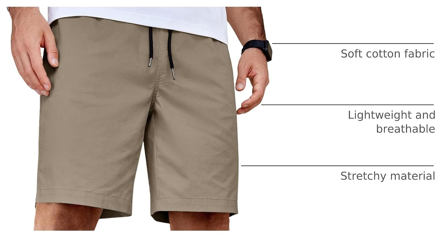 image:imageCOOFANDY Mens Casual Shorts Cotton Elastic Waist Drawstring Summer Shorts Stretch Waist Lightweight Soft Breathable Classic fit Vacation Beach ShortsKhaki2