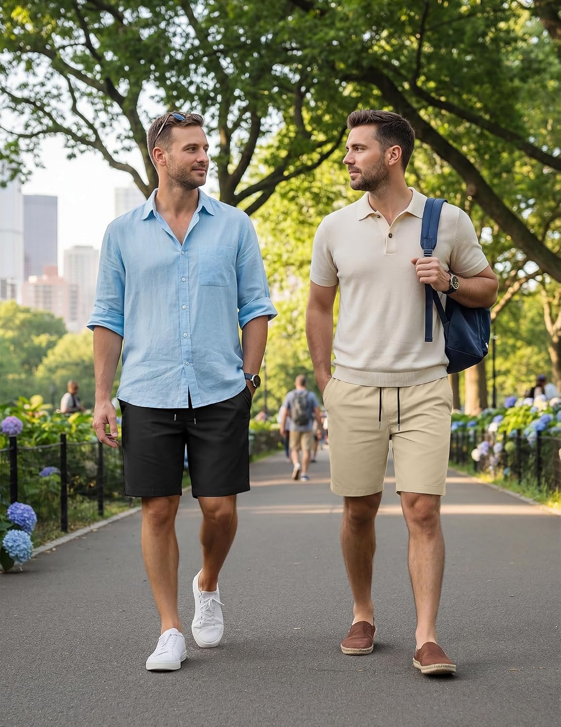 image:imageCOOFANDY Mens Casual Shorts Cotton Elastic Waist Drawstring Summer Shorts Stretch Waist Lightweight Soft Breathable Classic fit Vacation Beach Shorts2 Pack Black Khaki