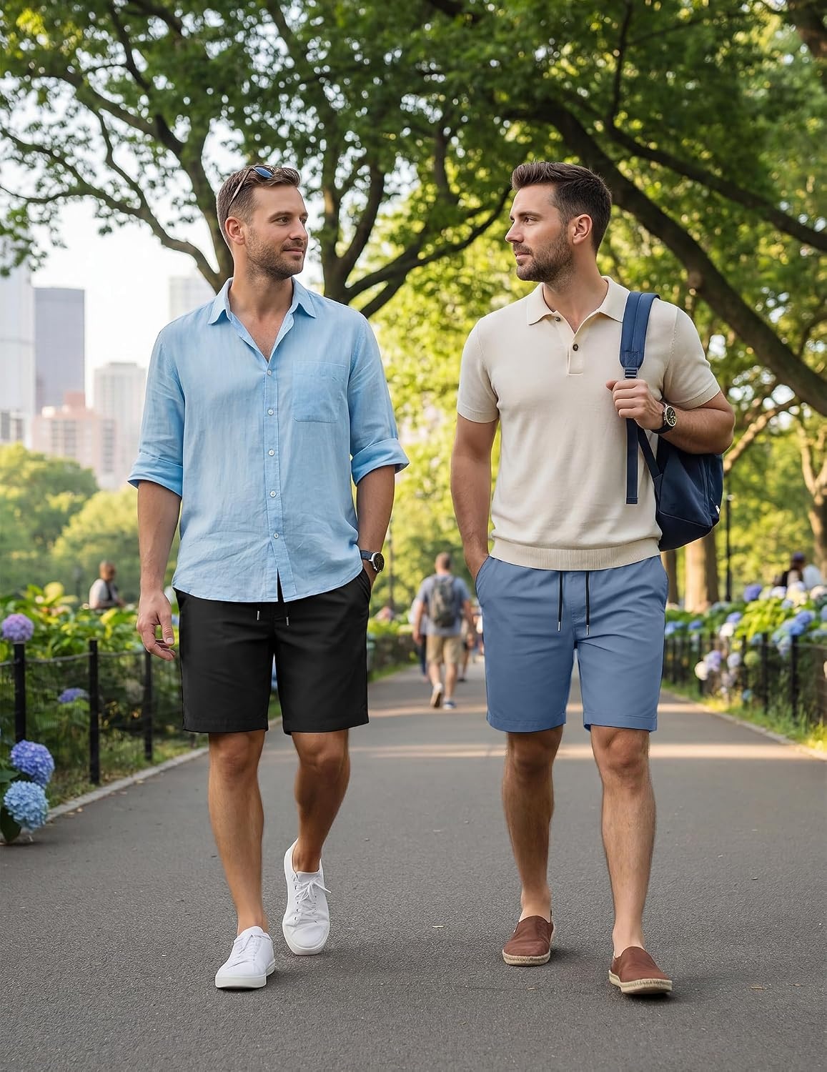 image:imageCOOFANDY Mens Casual Shorts Cotton Elastic Waist Drawstring Summer Shorts Stretch Waist Lightweight Soft Breathable Classic fit Vacation Beach Shorts2 Pack Black Denim Blue