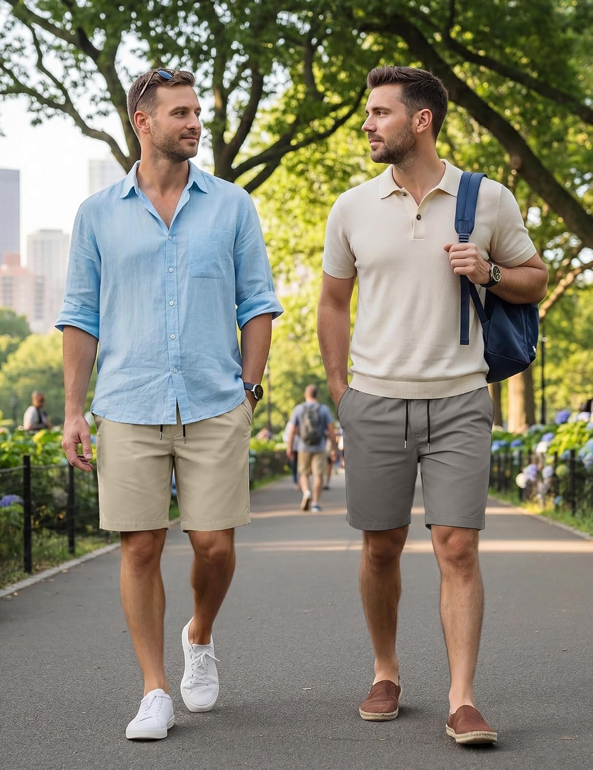 image:imageCOOFANDY Mens Casual Shorts Cotton Elastic Waist Drawstring Summer Shorts Stretch Waist Lightweight Soft Breathable Classic fit Vacation Beach Shorts2 Pack Dark Grey Light Khaki