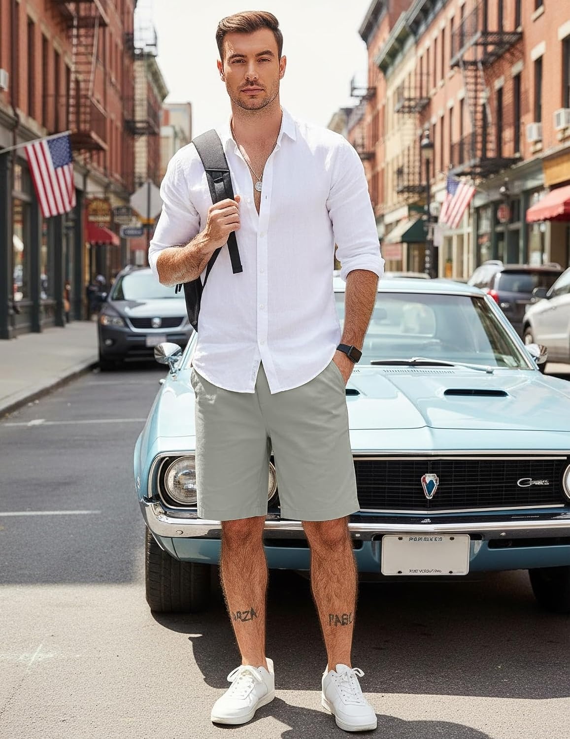 image:imageCOOFANDY Mens Casual Shorts Cotton Elastic Waist Drawstring Summer Shorts Stretch Waist Lightweight Soft Breathable Classic fit Vacation Beach ShortsSage Green