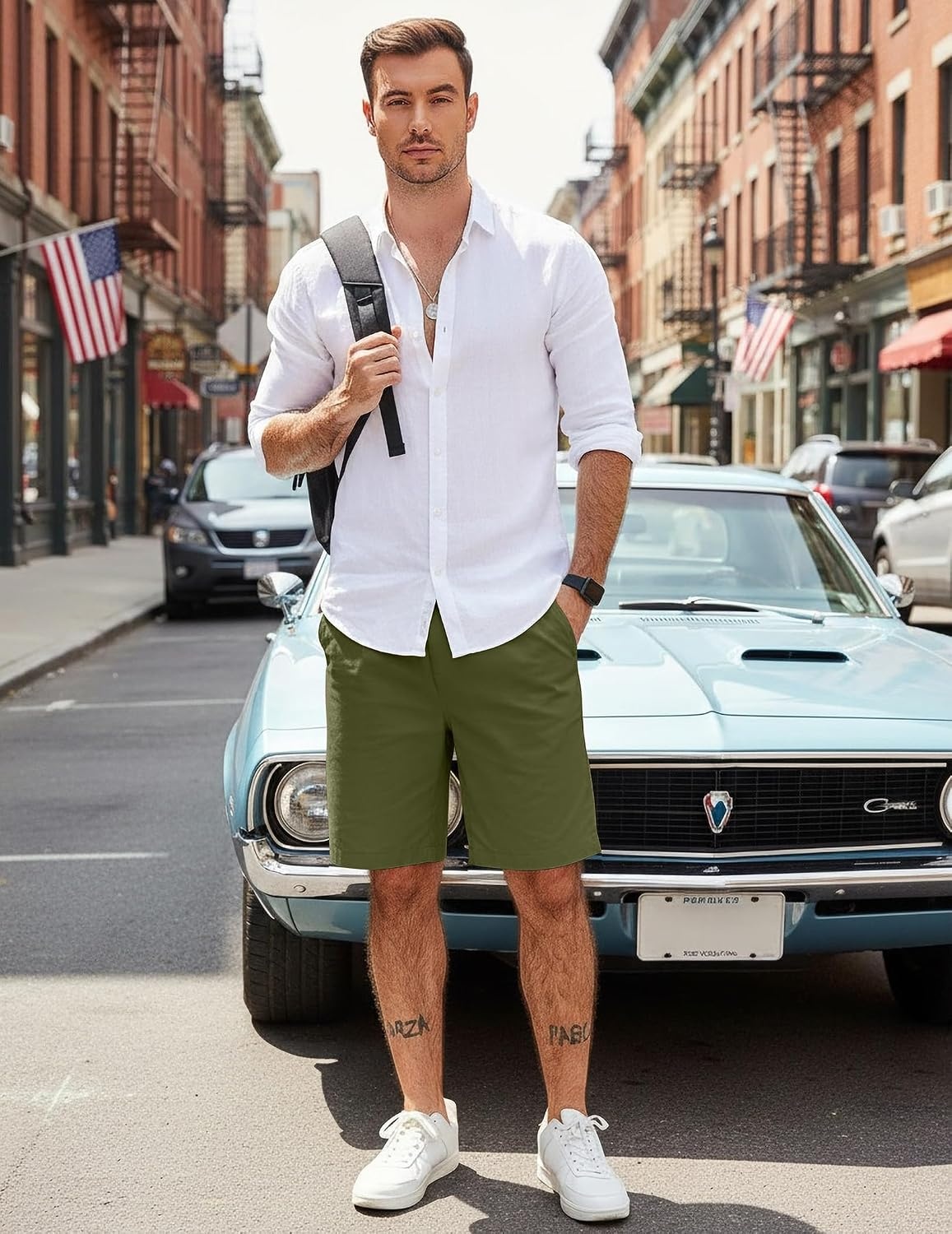 image:imageCOOFANDY Mens Casual Shorts Cotton Elastic Waist Drawstring Summer Shorts Stretch Waist Lightweight Soft Breathable Classic fit Vacation Beach ShortsArmy Green