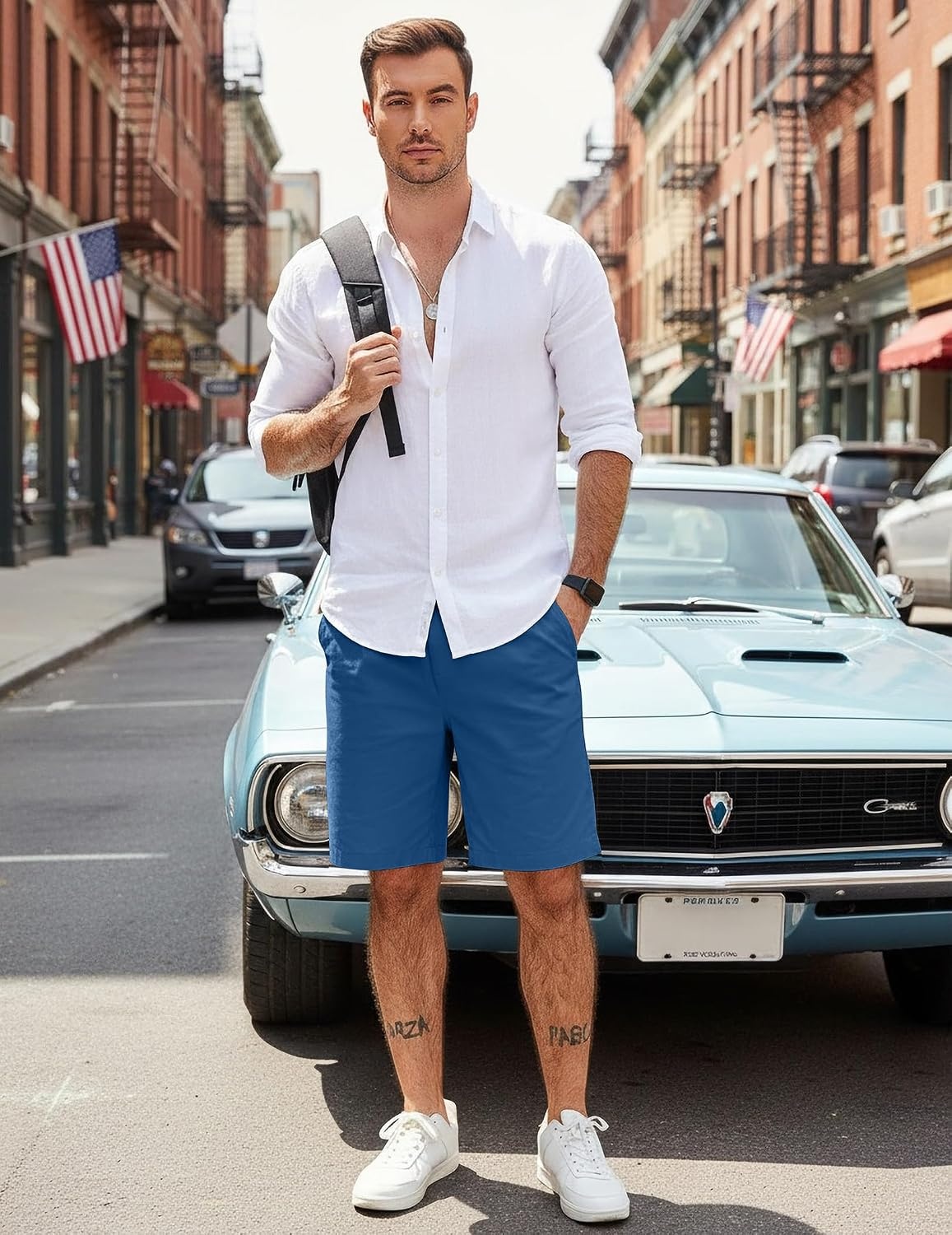 image:imageCOOFANDY Mens Casual Shorts Cotton Elastic Waist Drawstring Summer Shorts Stretch Waist Lightweight Soft Breathable Classic fit Vacation Beach ShortsBlue